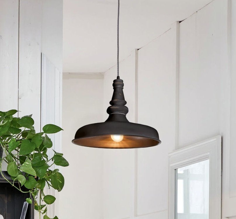 lampe suspendue rurale en bois noir lustré en métal, Enlèvement, Neuf, Bois