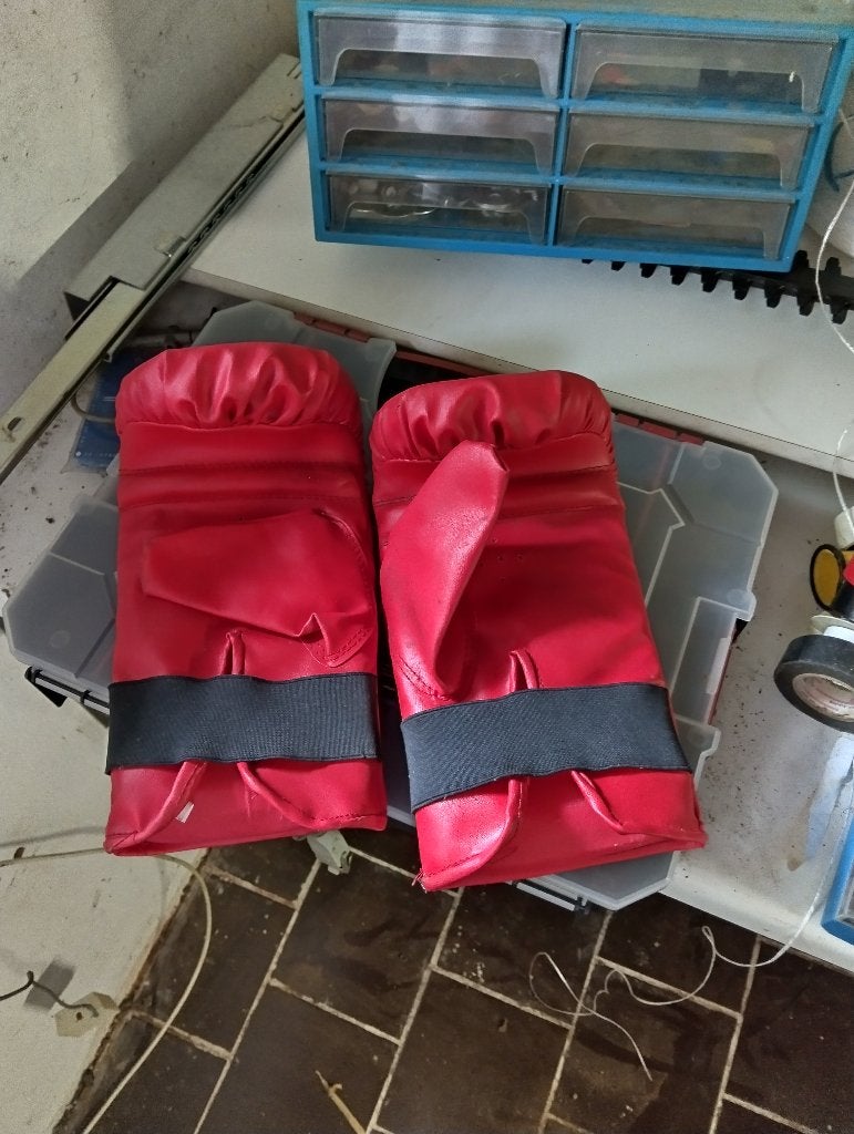Bokszak in leder en kunstlederen bokshandschoenen, Ophalen, Gebruikt, Bokszak