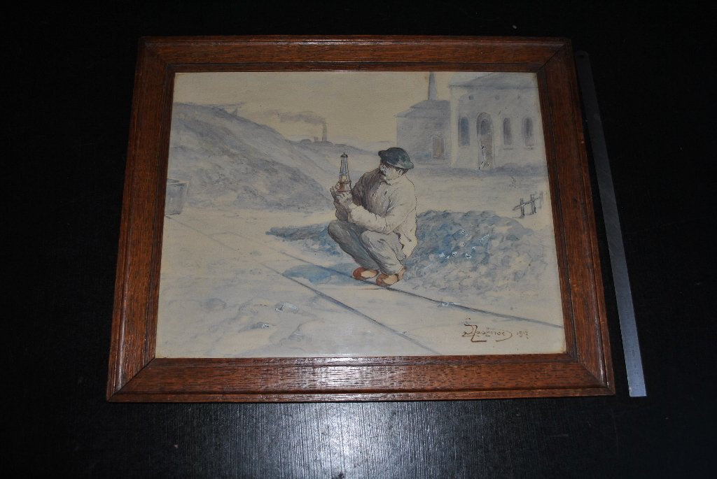 Aquarelle de 1917 mineur sa lampe cour charbonnage Boubier, Ophalen of Verzenden, Tekening, Aquarel, Gesigneerd
