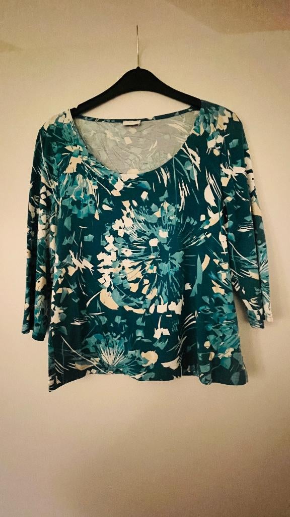 Blouse turquoise blanc motifs-"Minuet Petite-T M, Kleding | Dames, Ophalen of Verzenden, Zo goed als nieuw, Maat 38/40 (M), Wit