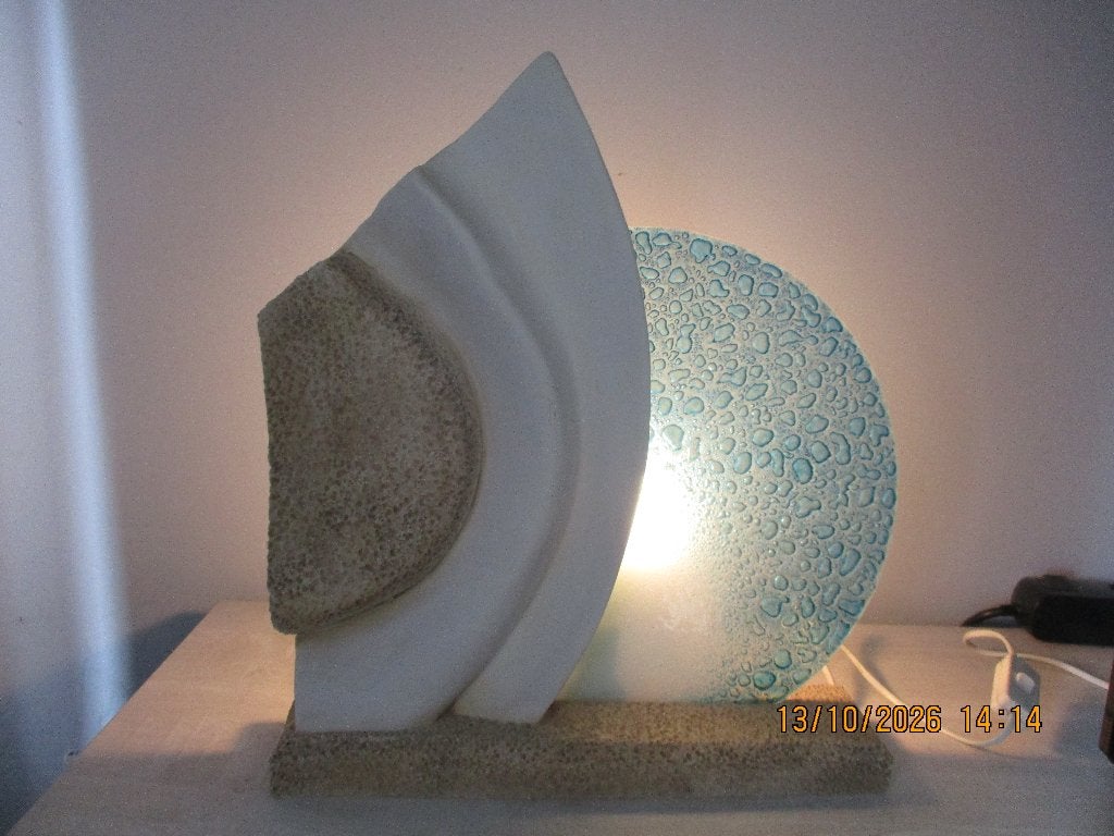 Lampe en pierre naturelle et verre texturé, Vintage, Ophalen, Blauw, Met schakelaar