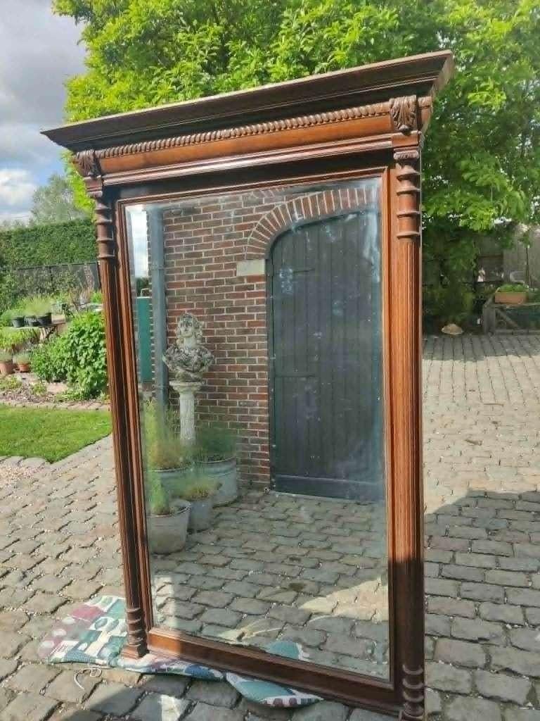 Ancien grand miroir mural avec bord à facettes et piliers, Enlèvement, Utilisé