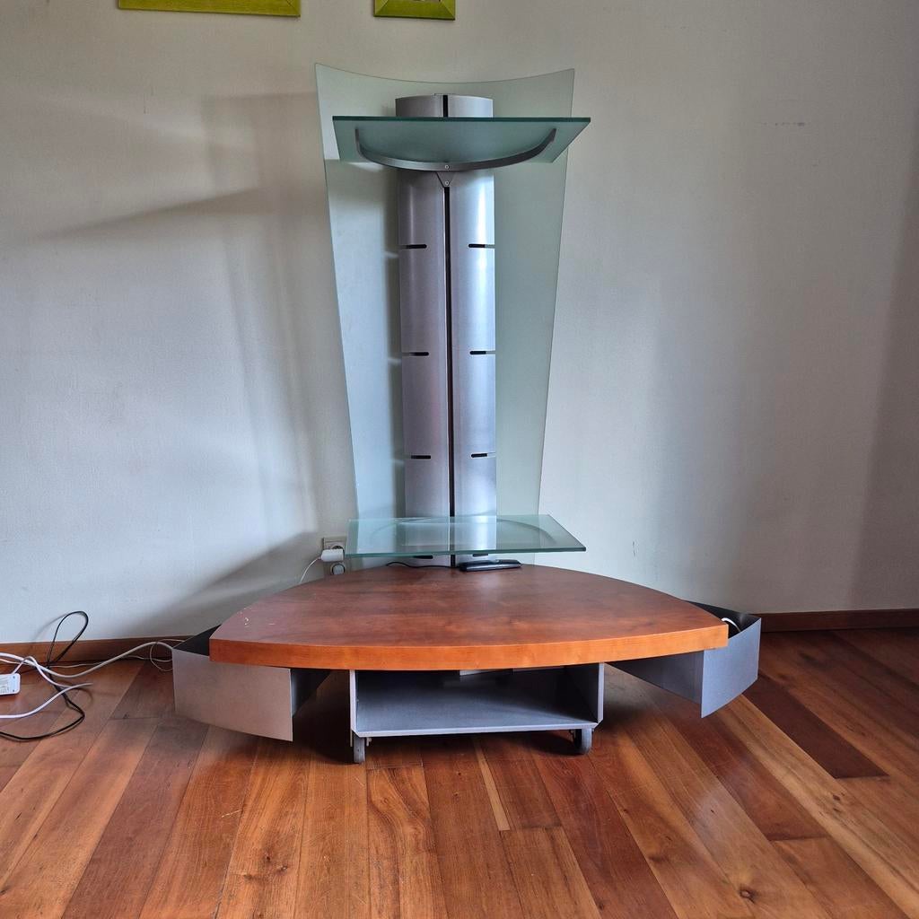 Design tv meubel met fineerblad in kerselaar, Ophalen, Gebruikt, 100 tot 150 cm, Design