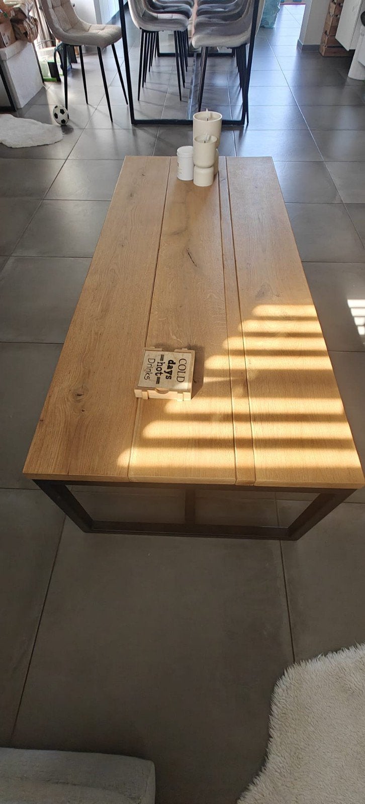 Prachtige salontafel met vol eiken tablet en metalen onderst, Huis en Inrichting, Ophalen, 100 tot 150 cm, 50 tot 100 cm, Zo goed als nieuw