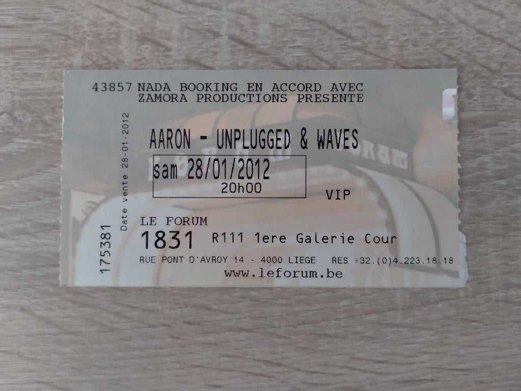 Concertticket Aaron Unplugged & Waves Tour Liège 2012, Ophalen, Gebruikt, Overige typen
