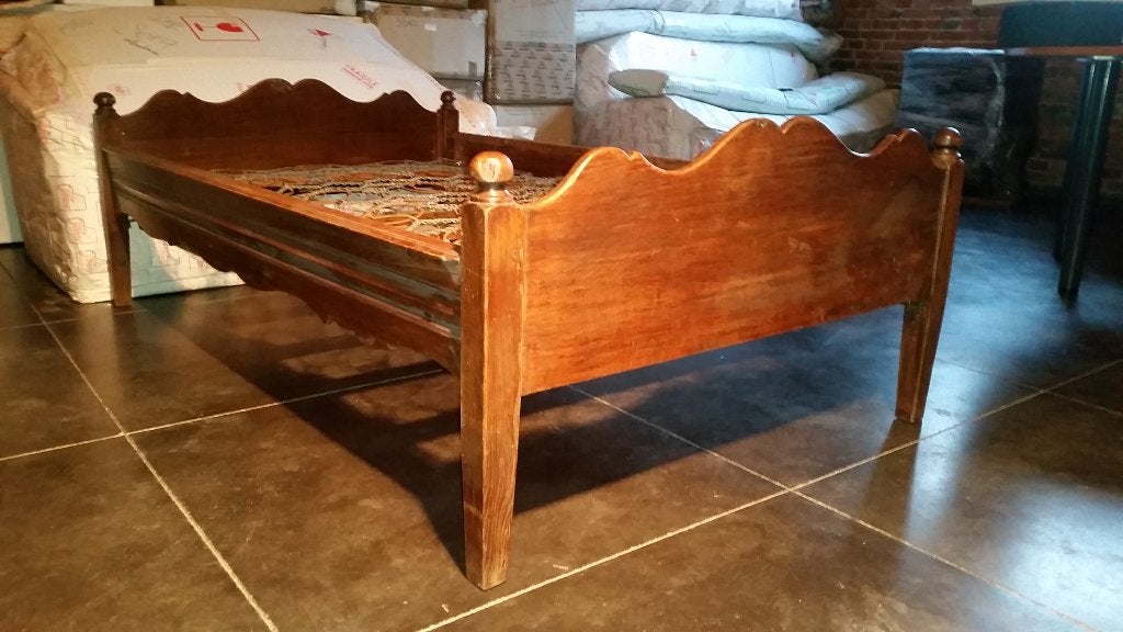 beau lit d'enfant ancien en chêne (antiquité de qualité), 90 cm, Vintage, Une personne, Brun