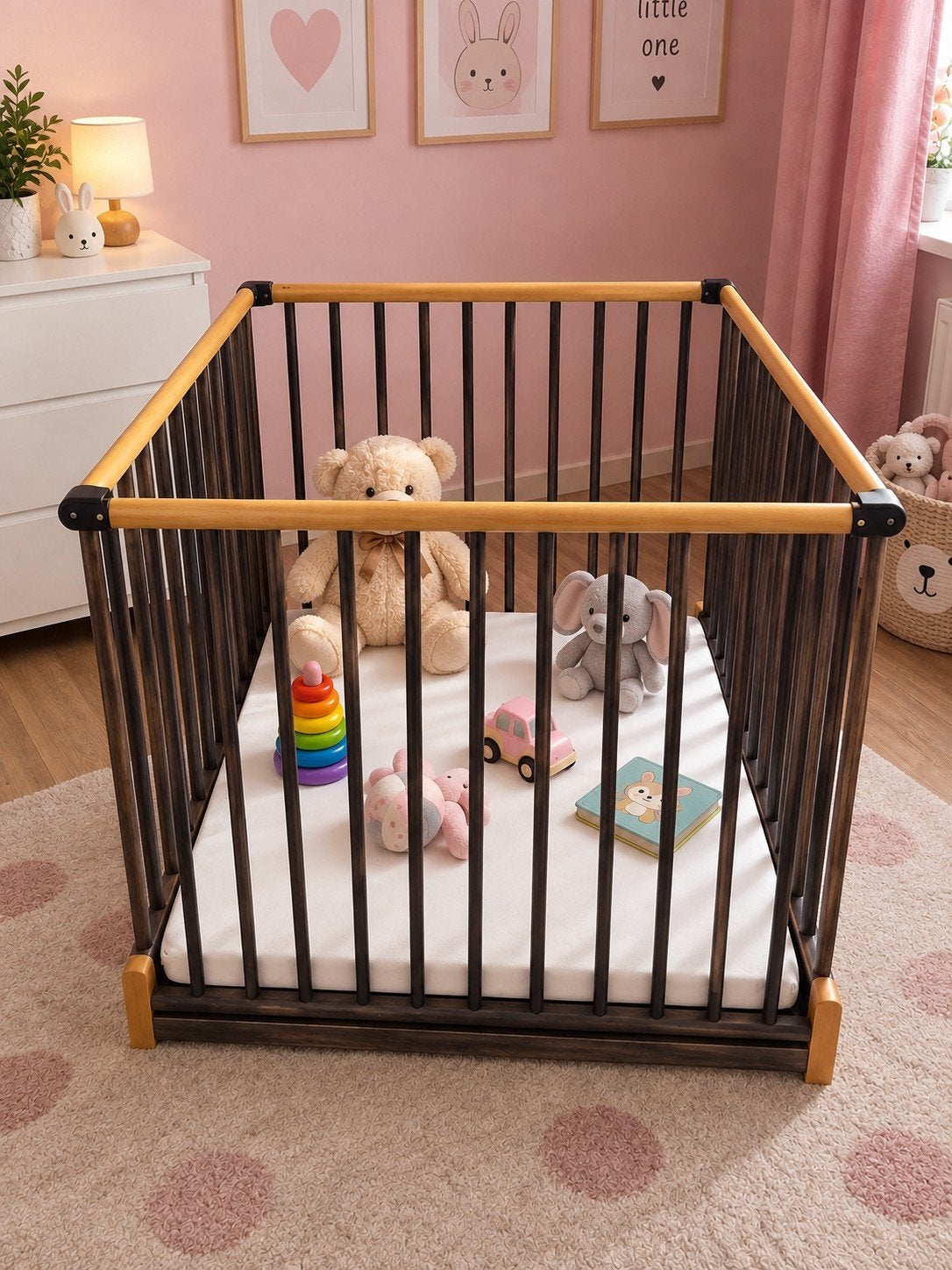 Houten Babybox/Kinderbox — Opvouwbaar — Donkerhout, Kinderen en Baby's, Ophalen, Zo goed als nieuw, Rechthoekig