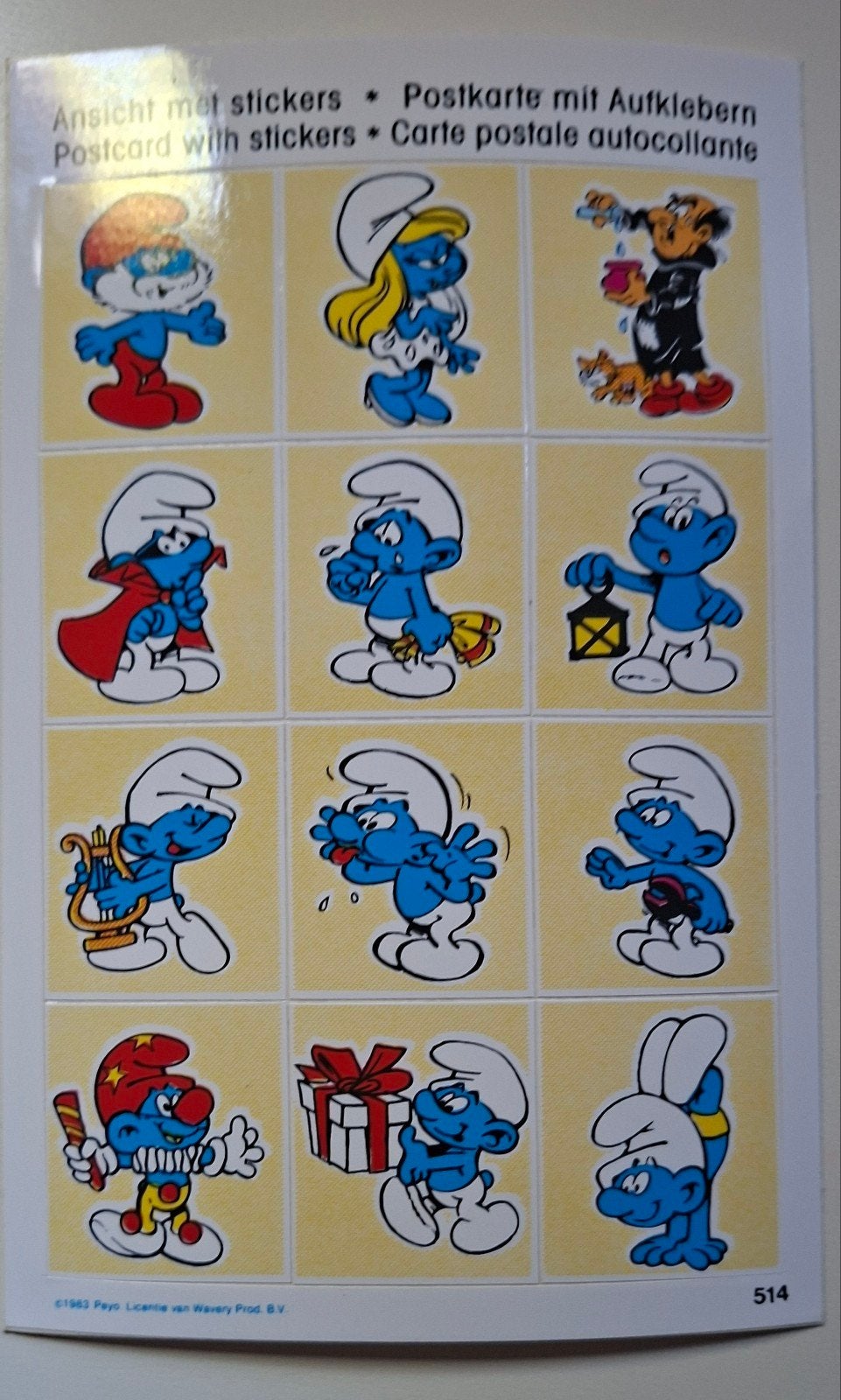 Sticker postkaart De Smurfen Peyo 1983 gele versie, Verzamelen, Ophalen of Verzenden, Nieuw, Overige typen