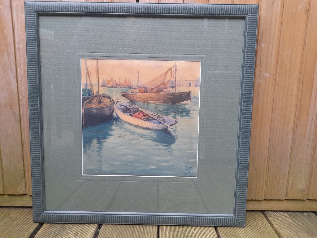 Aquarel, bootjes in de haven, Dirckx, 1938, Ophalen, Maritiem / water, Bijzondere lijst, Realistisch