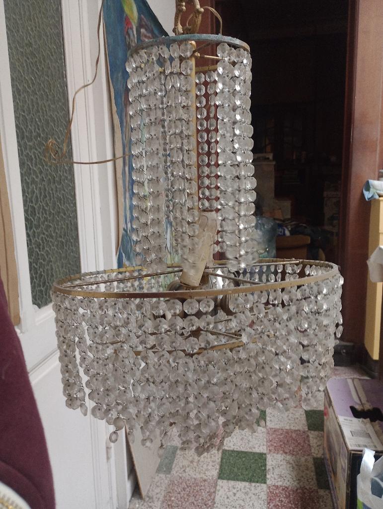 Vintage heteluchtballonkroonluchter - messing en glas -90 cm, Ophalen, Gebruikt, Glas