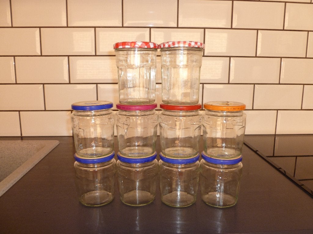 10 Bocaux confiture de 450gr avec de jolis couvercles, Comme neuf, Verre, Enlèvement, Récipient(s)
