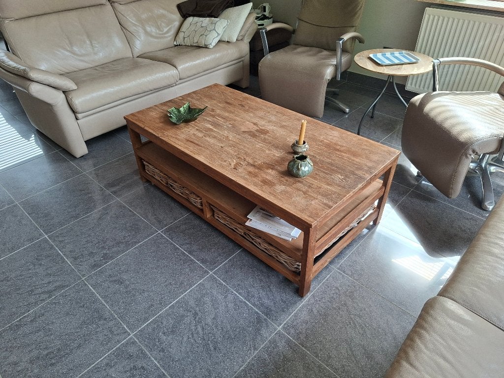 Houten woonkamertafel (gerecycled teakhout), Huis en Inrichting, Tafels | Salontafels, Ophalen, Gebruikt, 100 tot 150 cm, Teakhout