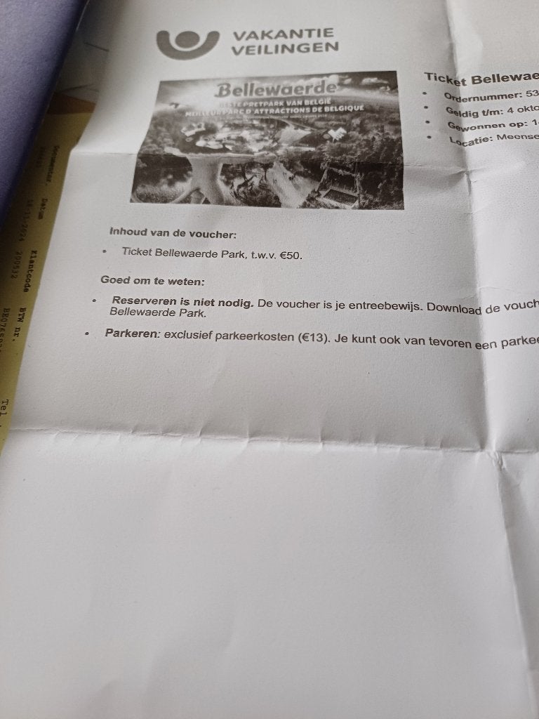 1 billet Bellewaerde (30 EUR) valable jusqu'au 4 octobre, Une personne