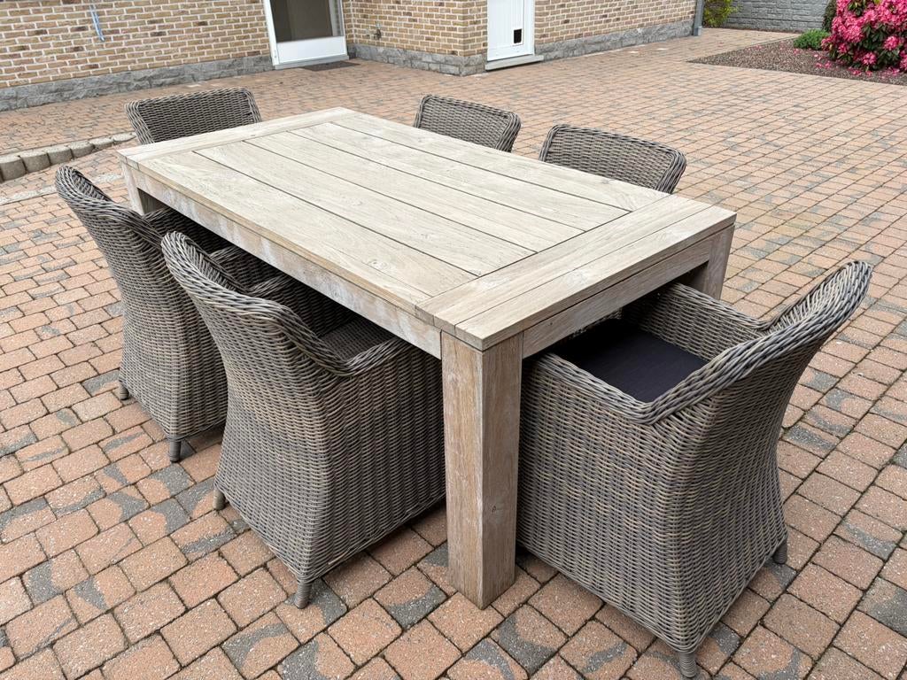 Teak tuintafel + 6 stoelen, Ophalen, Gebruikt, Eettafel, 6 zitplaatsen