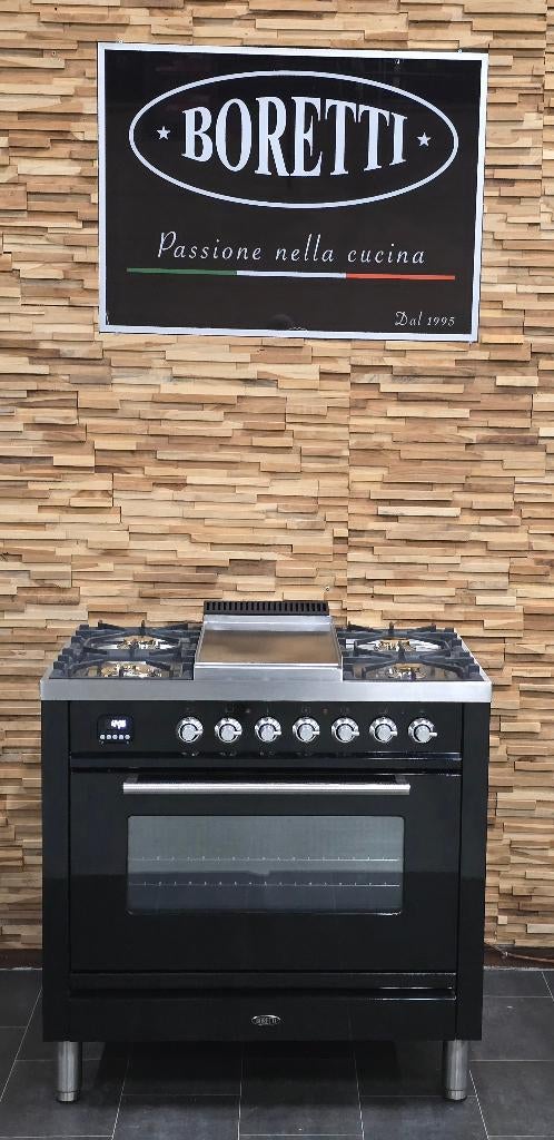 Luxe Boretti Fornuis 90cm hoogglans zwart + rvs 300° oven, Electroménager, Cuisinières, Gaz, Classe énergétique A ou plus économe