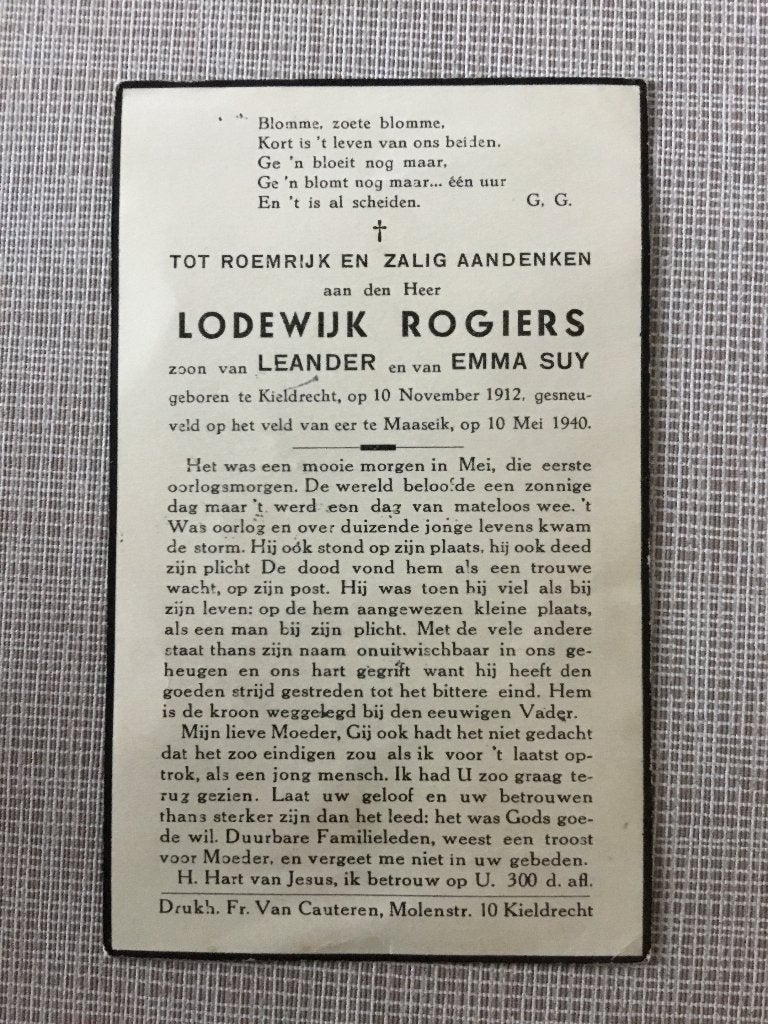 Soldaat L.Rogiers Kieldrecht gesneuveld Maaseik Mei 1990, Verzamelen, Ophalen of Verzenden, Bidprentje