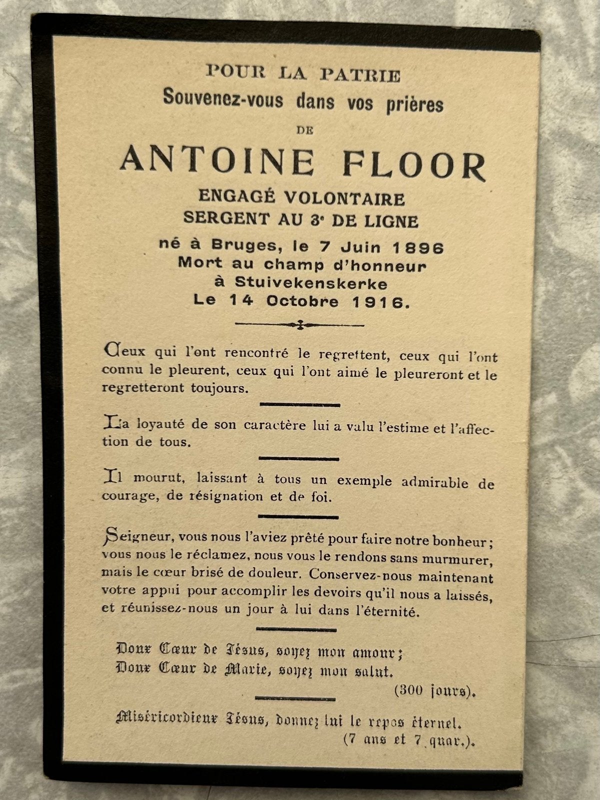1916 : SOLDAAT - OORLOGSVRIJWILLIGER : Antoine Floor, Verzamelen, Ophalen of Verzenden