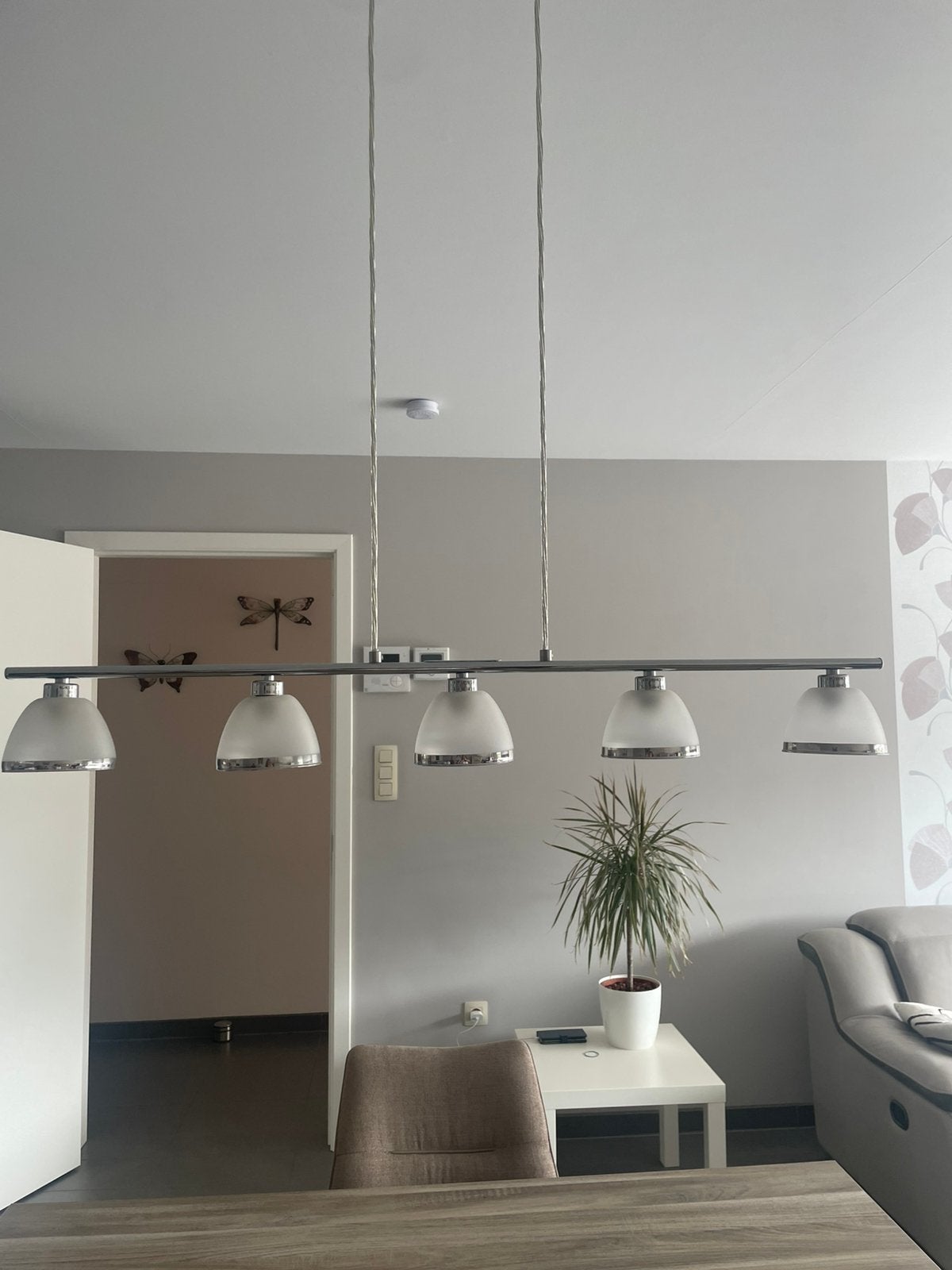5-lichts hanglamp in mat glas en chroom – uitstekende staat, Enlèvement, Comme neuf, Verre