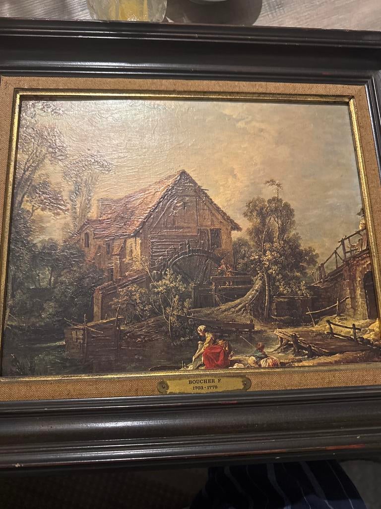 Klassiek schilderij “Le Moulin” –decoratief met houten kader, Antiek en Kunst, Ophalen of Verzenden
