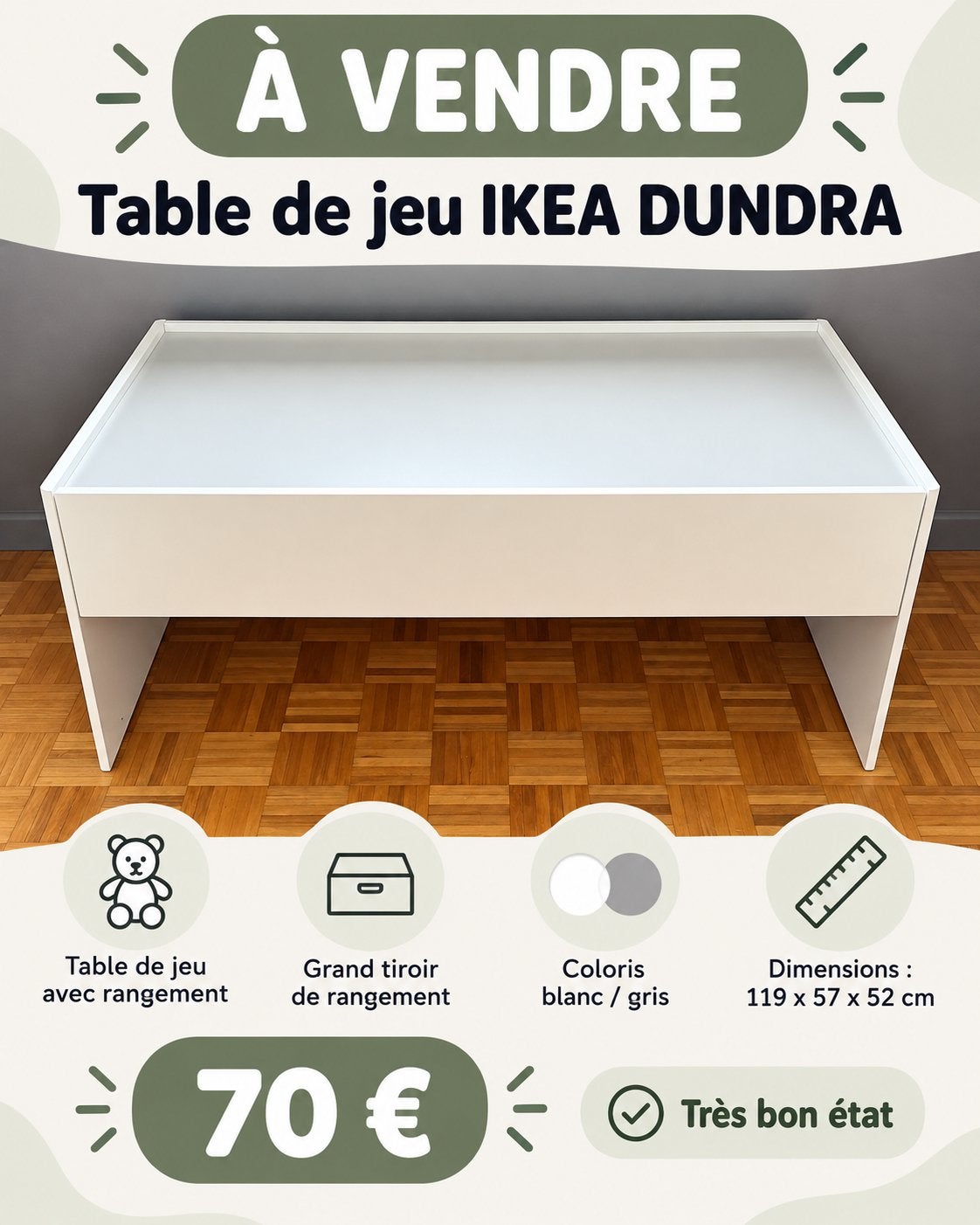 Table de jeu IKEA DUNDRA avec grand tiroir de rangement, Ophalen, Grijs