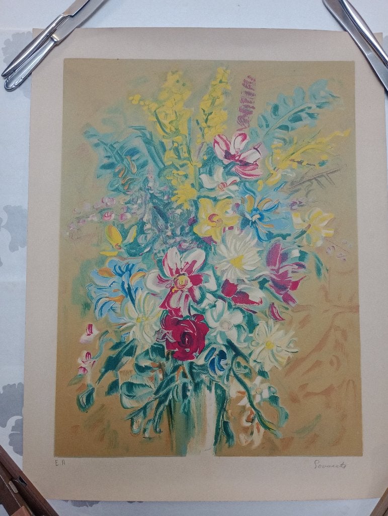 Lithografie van Jean Govaerts - Boeket bloemen E.A., Ophalen of Verzenden, Lithografie, Ingelijst