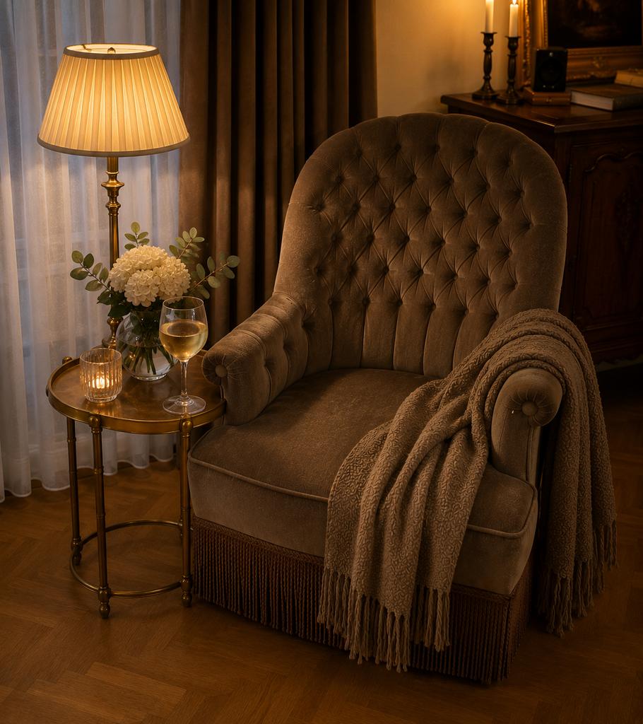 Fauteuil de boutique hôtel avec capitons et franges, Maison & Meubles, Fauteuils, Comme neuf, Enlèvement