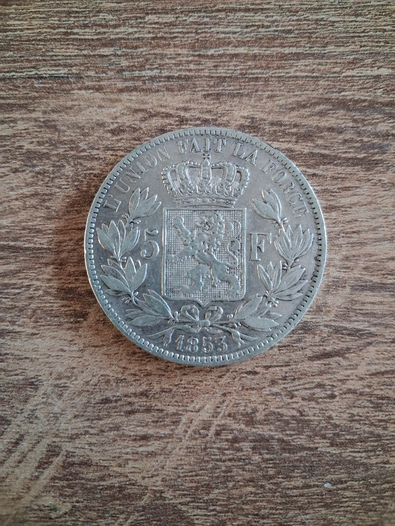 Belgique 5 francs 1853 argent, Enlèvement ou Envoi, Monnaie en vrac, Argent, Argent