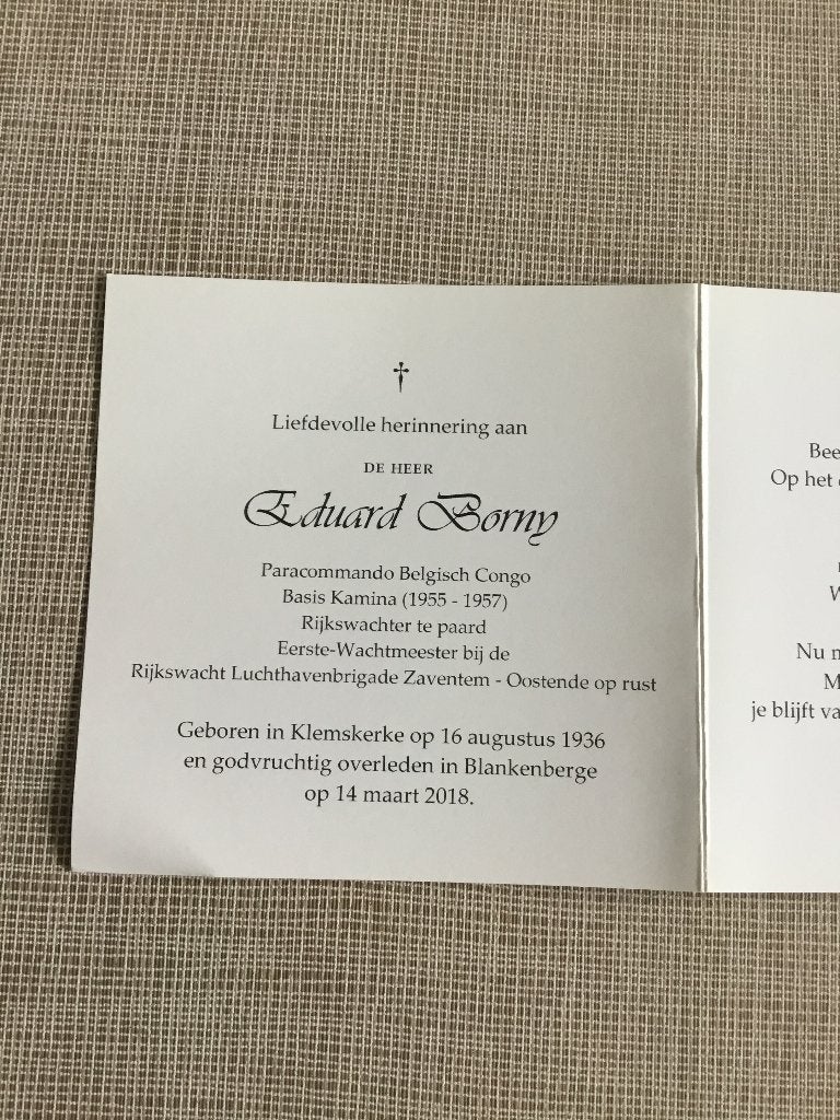 Rijkswachter Paracommando E.Borny Klemskerke +Blankenberge, Verzamelen, Ophalen of Verzenden, Bidprentje