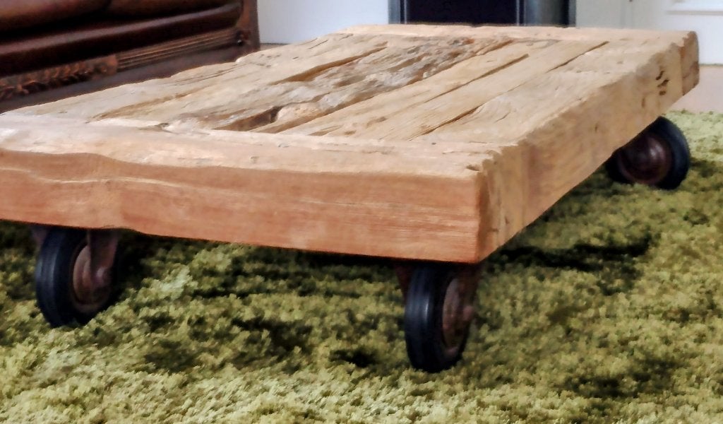 Robuuste salontafel op industriële wielen, Ophalen, Gebruikt, 100 tot 150 cm, 50 tot 100 cm