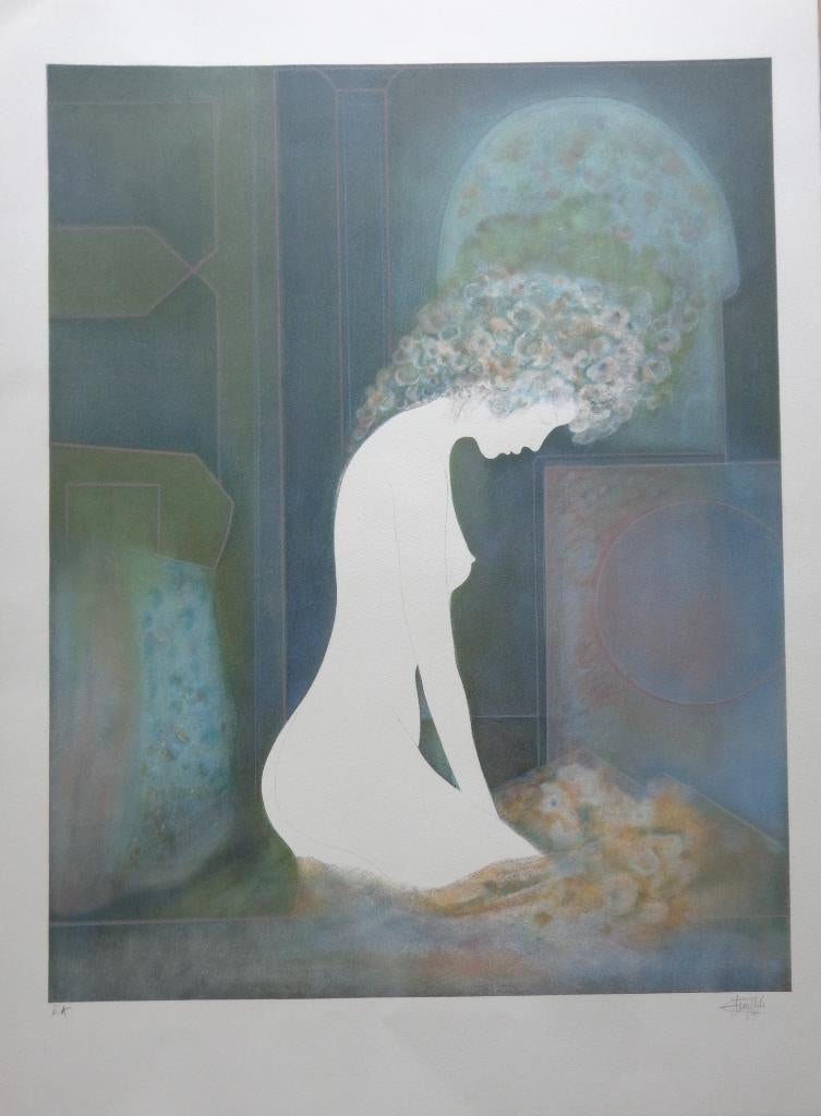GUY RIBES / ZITTEND NAAKTE VROUW / KLEURLITHO / 76x56cm SIG, Antiek en Kunst, Ophalen of Verzenden