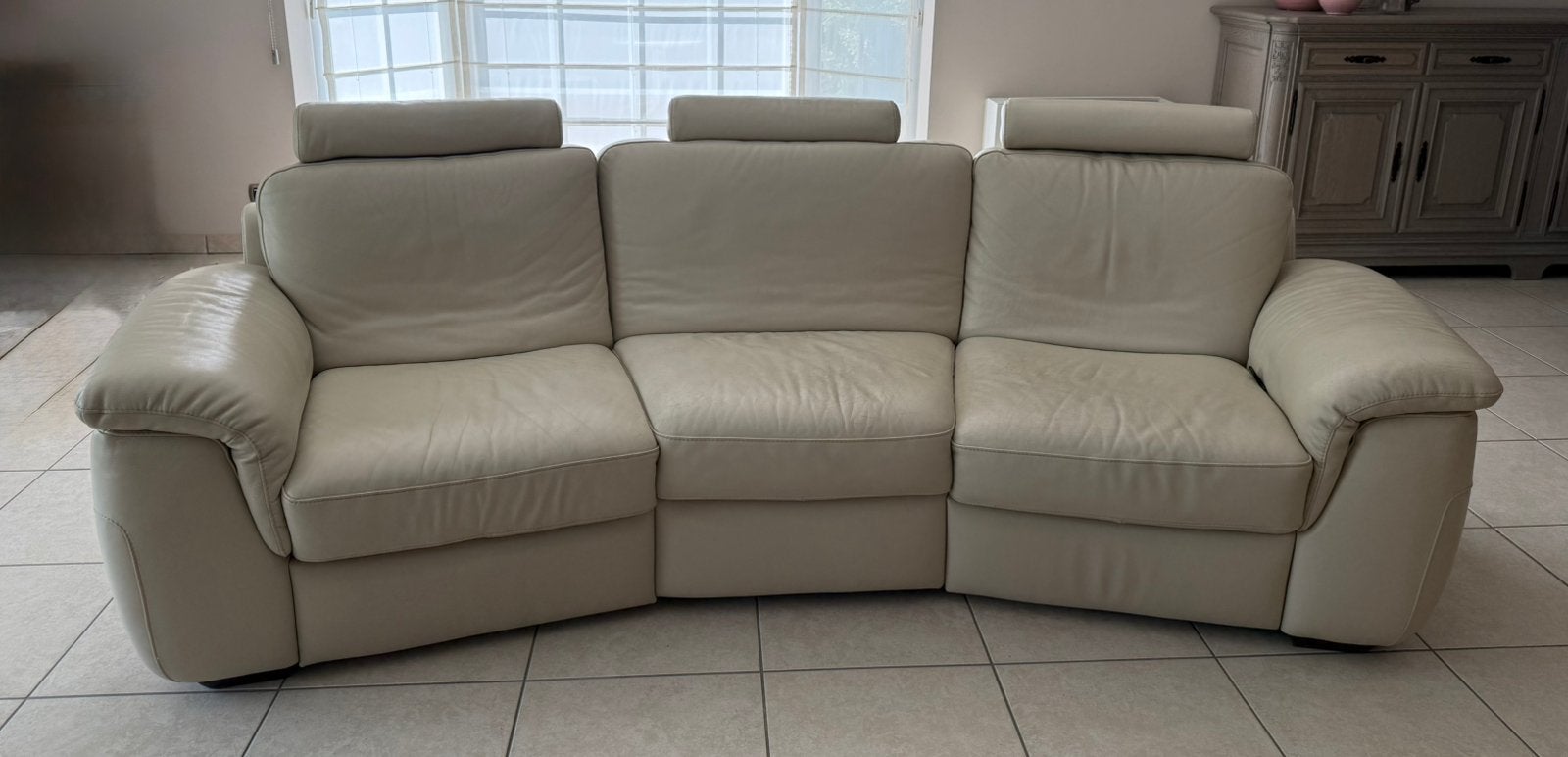 Natuzzi driezit met 2 relaxen in leder, Ophalen, 250 tot 300 cm, Gebruikt, 100 tot 125 cm