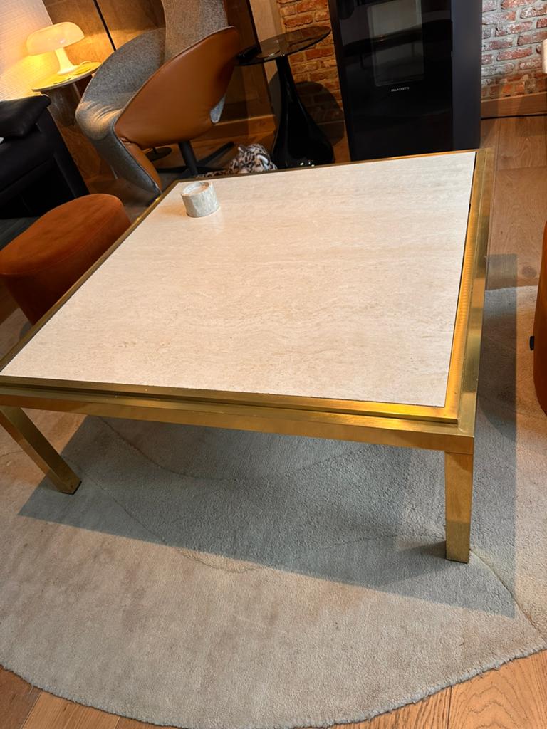 Table basse vintage BELGOCHROM TRAVERTIN/LAITON, Maison & Meubles, Enlèvement, Utilisé, Rond, Midcentury Modern