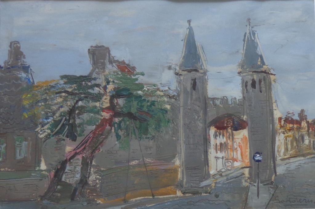 JACK GODDERIS / STADSPOORT / OLIEVERF KARTON / 48x58cm KADER, Antiquités & Art, Art | Peinture | Moderne, Enlèvement ou Envoi