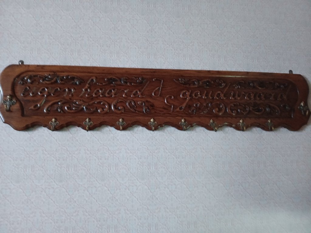 Antieke eikenhouten wandkapstok (1m40) met spreuk, engeltjes, Antiek en Kunst, Ophalen