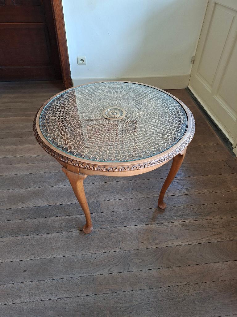 Salontafel hout glas riet, Antiek en Kunst, Ophalen