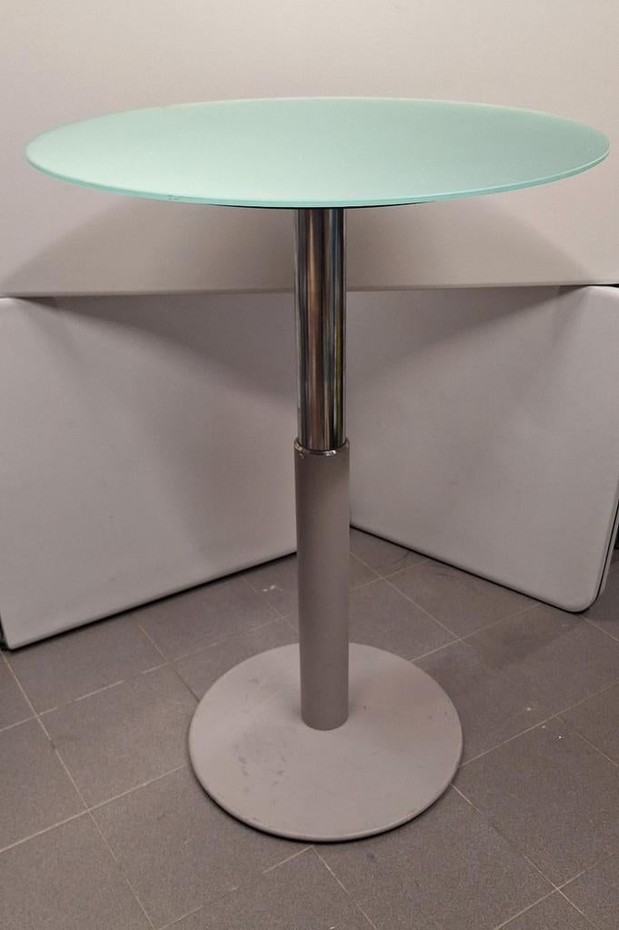 Ronde design tafel met mat glazen blad 8mm 'Saint-Gobain', Huis en Inrichting, Ophalen, In hoogte verstelbaar, Gebruikt