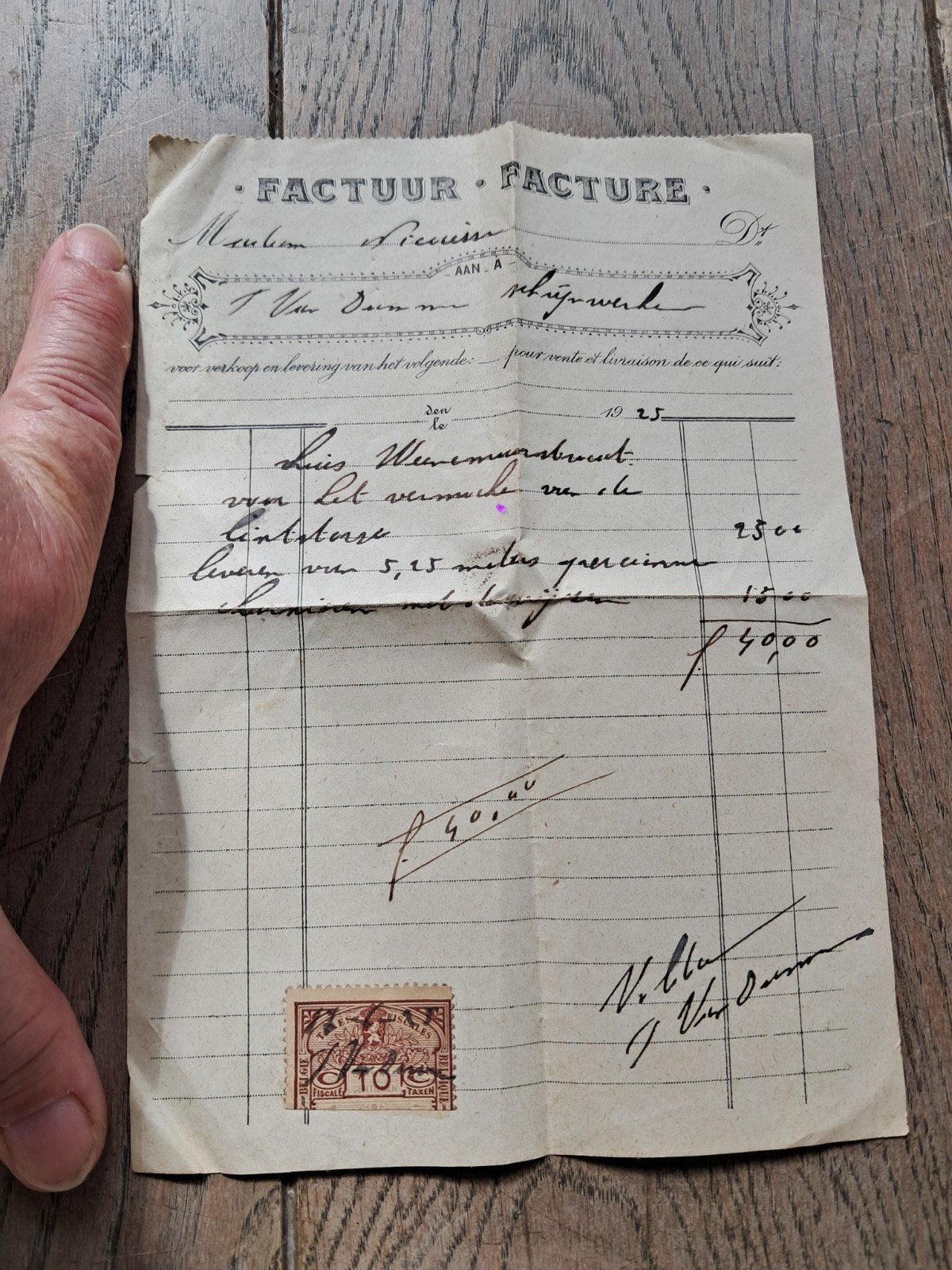 Oude factuur met taxzegel uit 1925, aan van Damme schrijnwer, Antiek en Kunst, Ophalen of Verzenden