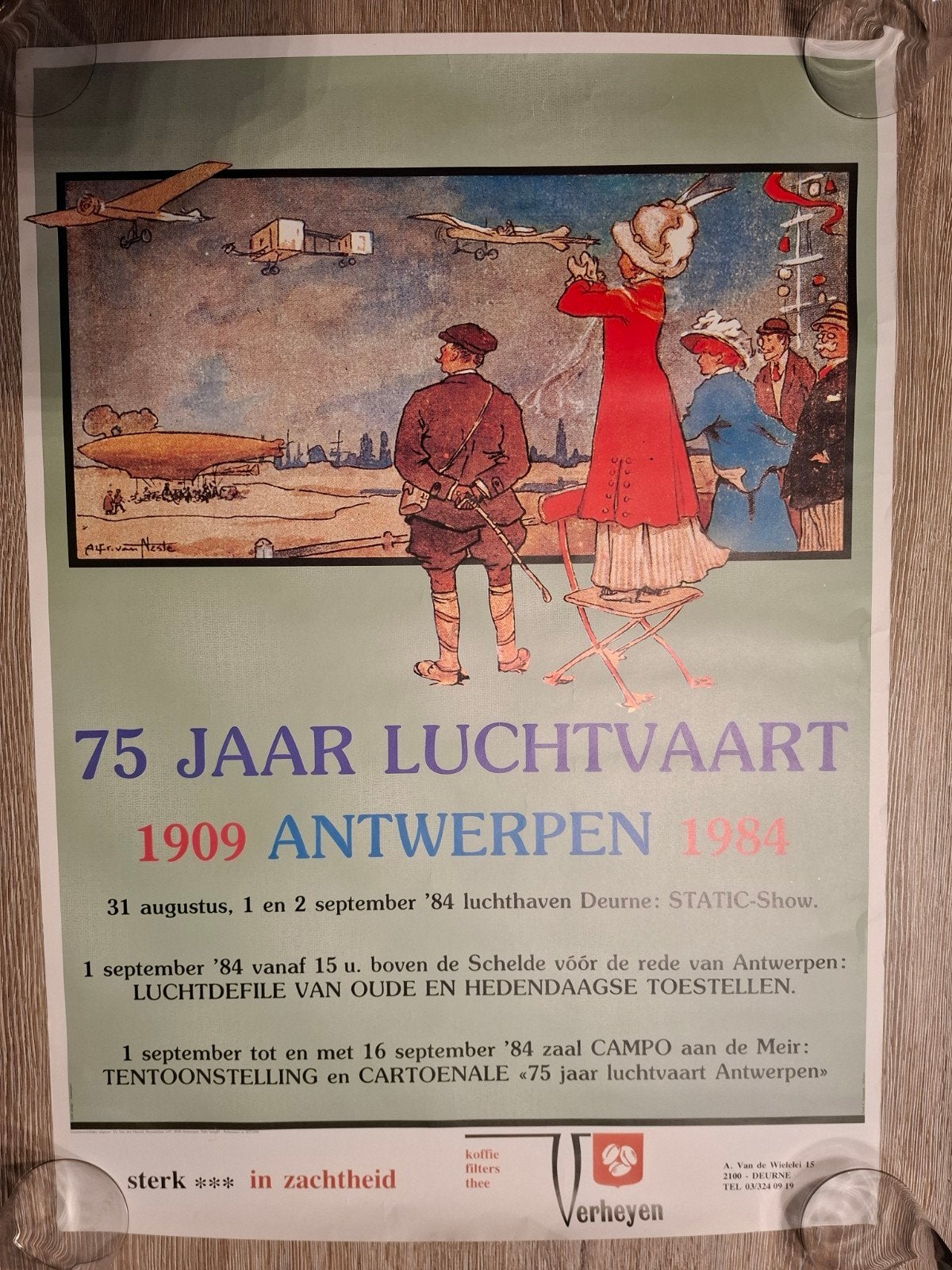 Vintage Luchtvaart Affiche 75 Jaar Luchtvaart Antwerpen (190, Collections, Rectangulaire vertical, A1 jusqu'à A3, Comme neuf, Publicité
