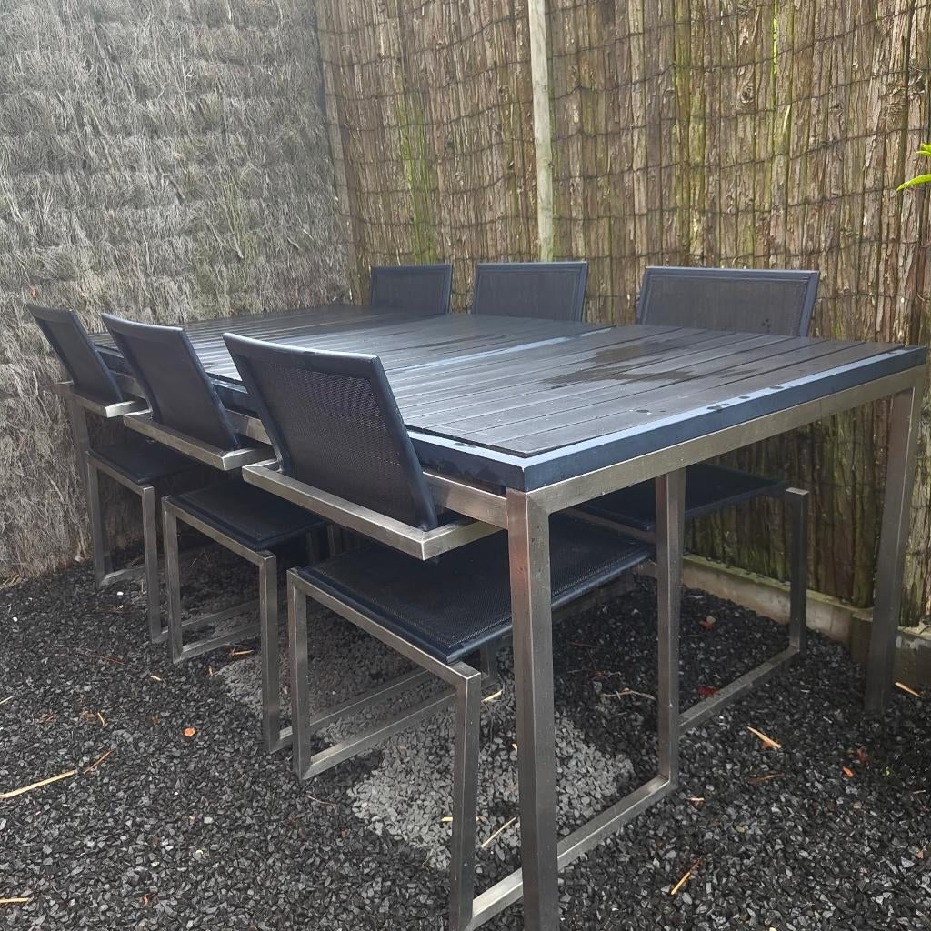 Moderne tuintafel rvs / composiet  + 6 stoelen, Tuin en Terras, Tuintafels, Gebruikt, Rechthoekig, Rvs, Ophalen