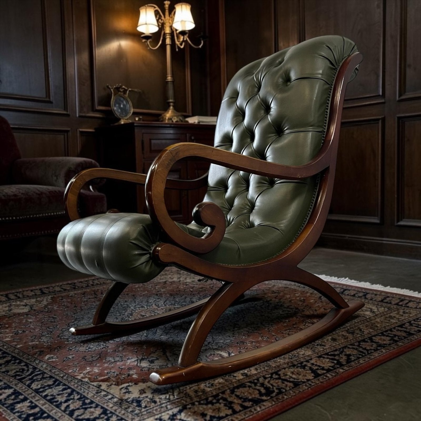 Vintage antiekgroene chesterfield / schommelstoel / fauteuil, Verzenden