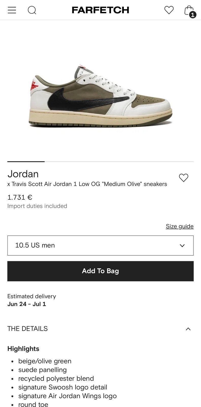 Jordan 1 Retro Low OG SP x Travis Scott "Medium Olive(44), Enlèvement ou Envoi, Comme neuf