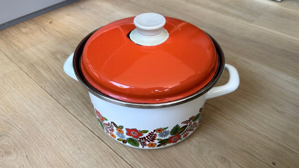 Vintage Enamel Kookpot met Retro Bloemenmotief (70s), Gebruikt, Met deksel, Ophalen of Verzenden, Kookpan