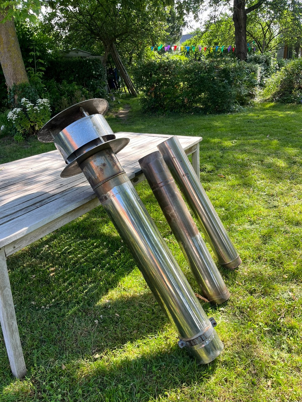Cheminée à double paroi avec 2 tubes en inox, Bricolage & Construction, Tuyaux & Évacuations, Utilisé, Buse droite, Inox, Moins de 2 mètres