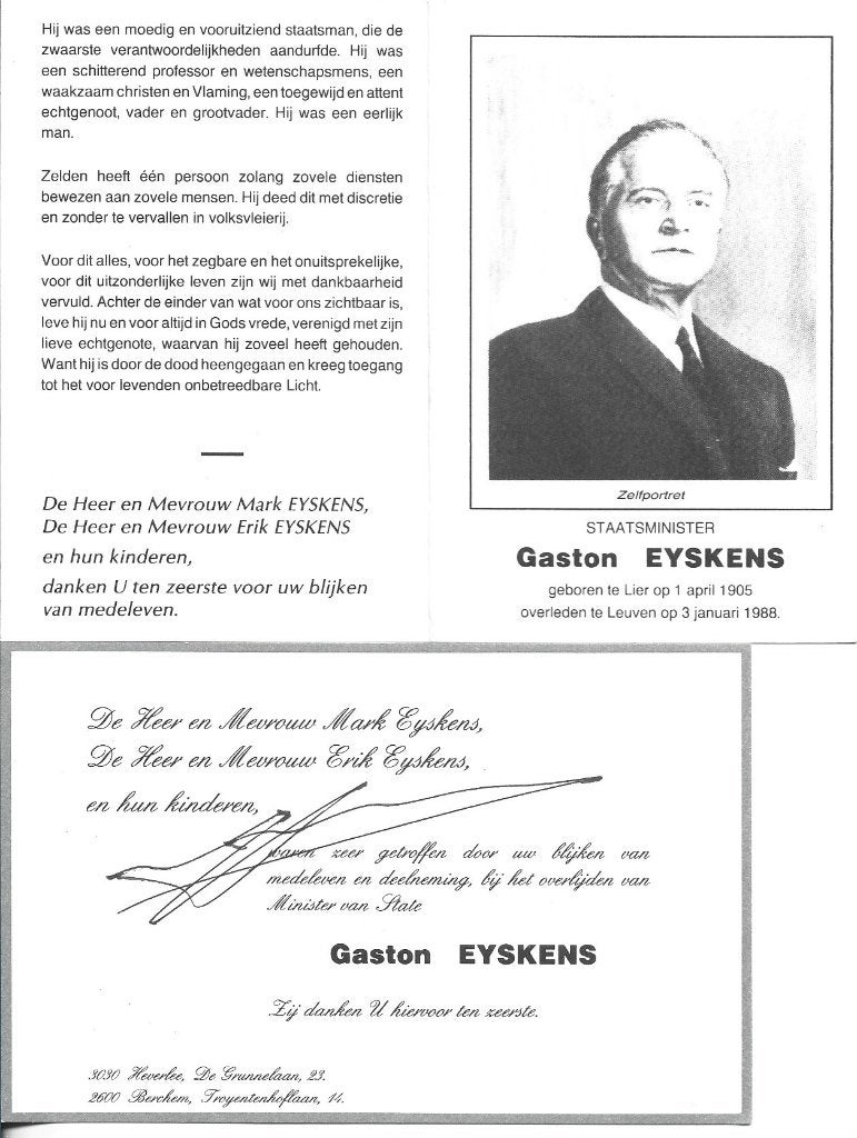 Bidprentje Gaston Eyskens, Enlèvement ou Envoi, Image pieuse