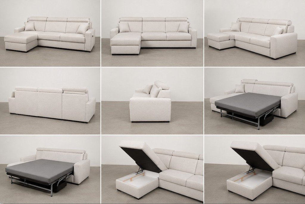 Beige 3-zitsslaapbank met chaise longue, Ophalen, Driepersoons, Modern, neutraal, Zo goed als nieuw