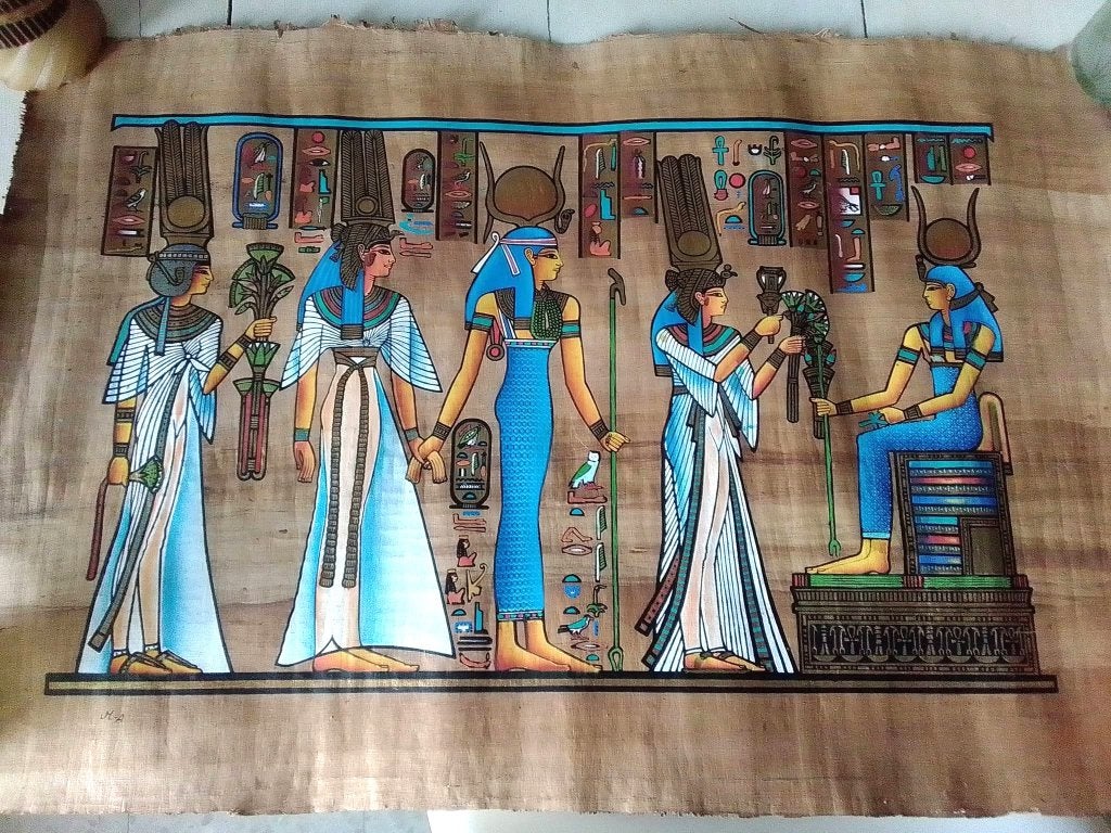 peinture sur véritable papyrus 5 personnages féminins Egypte, Antiquités & Art, Enlèvement ou Envoi