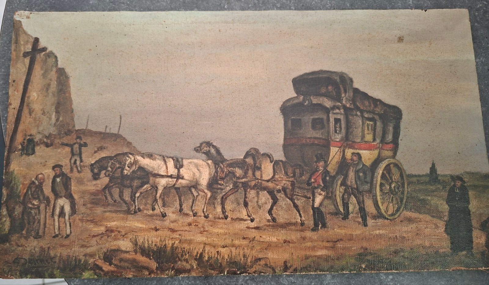 schilderij met paarden/koets, getekend Desmet, Enlèvement