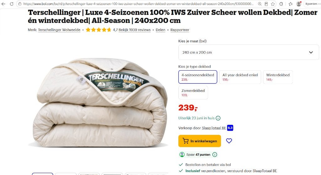 Dekbed /donsdeken schapenwol Terschellinger, Ophalen, Zo goed als nieuw, Deken of Dekbed