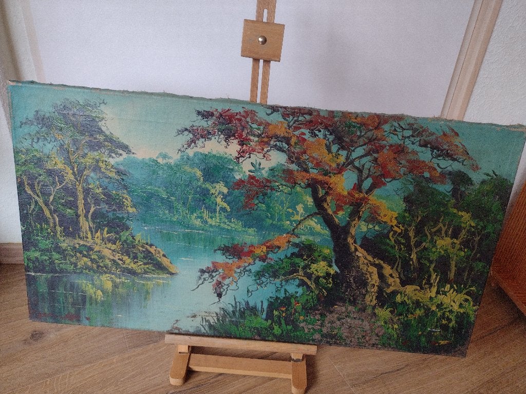 Schilderij Aziatische voorstelling meer met diverse, Antiek en Kunst, Ophalen of Verzenden, Gesigneerd, Stilleven, Doek