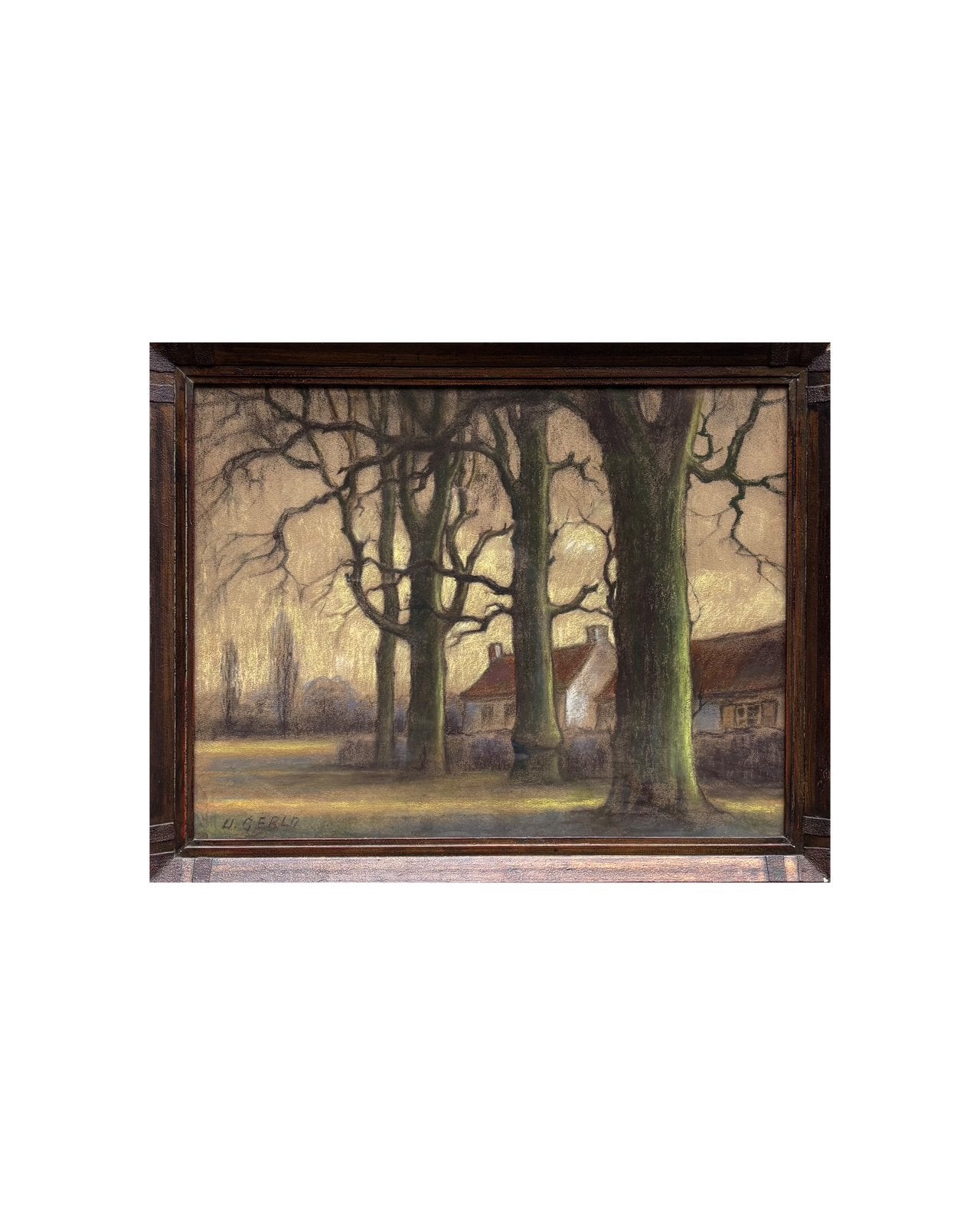Dessin à la craie d'une ferme par Urbain Gerlo (58x73), Antiquités & Art, Encadré, Paysage, Enlèvement, Papier